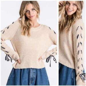 Litz oatmeal cream laced ribbons and bows long sleeve oversized sweater size S/M